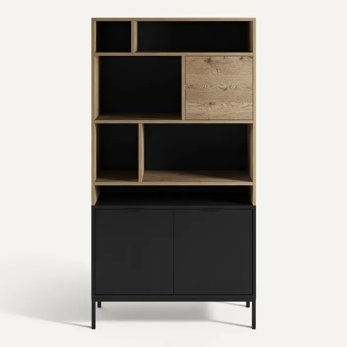 **Modulaire Boekenkast met Houten Accent en Zwarte Basis**