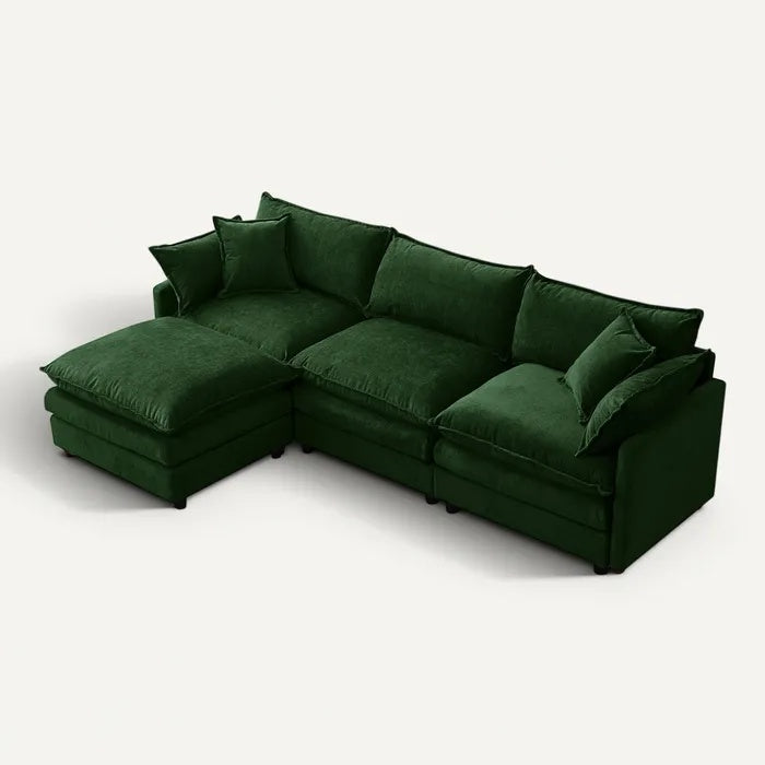 **Moderne groene hoekbank met meerdere kussens**