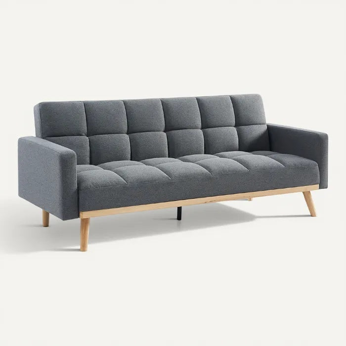 **Technische titel in het Nederlands: Moderne grijze bank met houten poten**